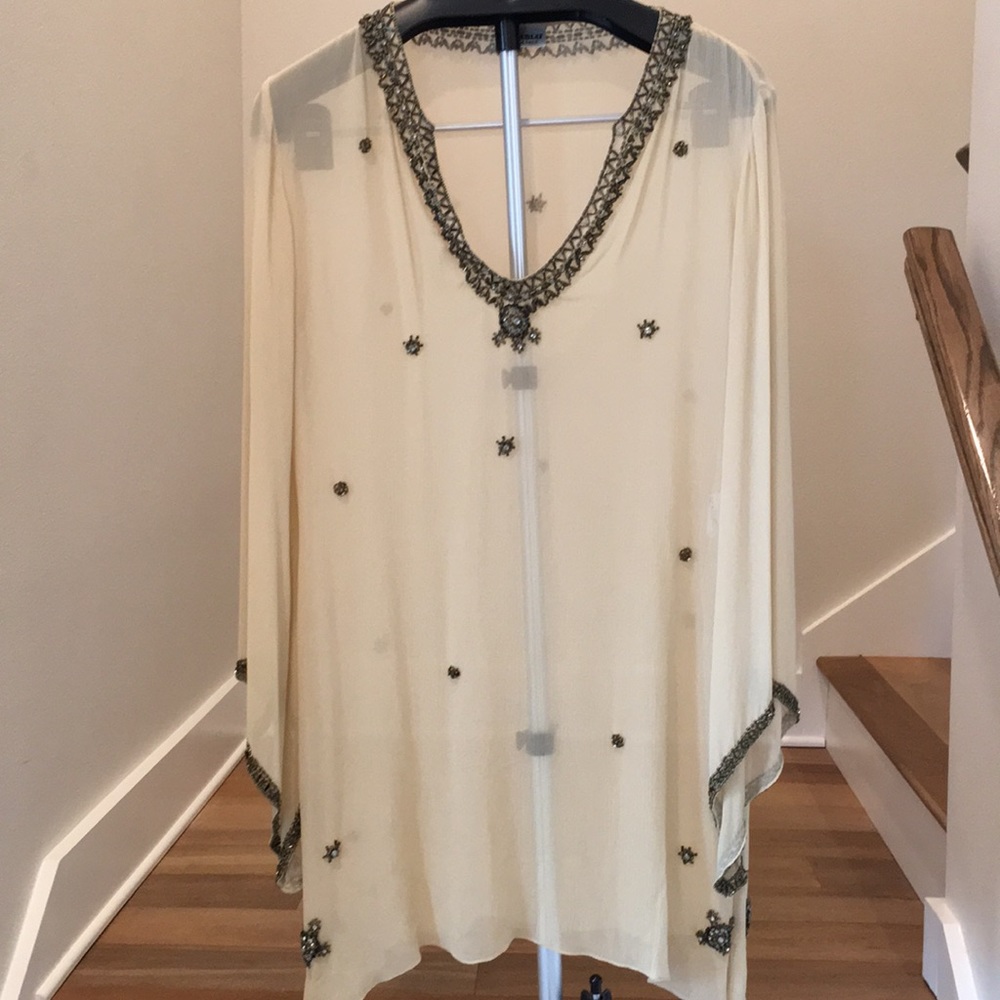 Embellished Cream Tunic Top with Beaded Trim